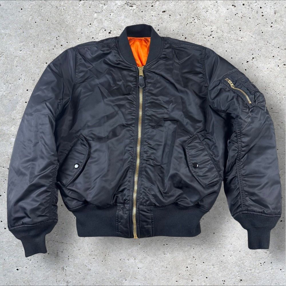 Alpha Industries Jet Black Bomber Jacket with Vibrant Orange Interior